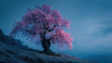 Sticker - cherry tree in full bloom on the hill in the night