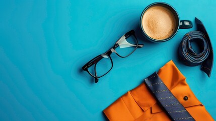 A cup of coffee, a pair of glasses, a tie and a shirt on a blue background.