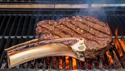 angus beef tomahawk steak being grilled on a bbq