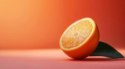 Wall Mural - Close-up of fresh orange half with leaf on gradient background