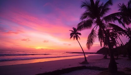 Poster - vivid purple sunset on tropical beach with coconut palm trees silhouettes