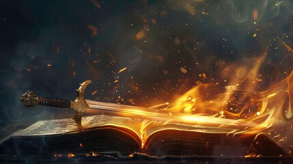 Wall Mural - a golden sword is placed on an open book with flames and embers swirling around it. the scene is dar