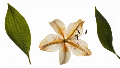 pressed and dried delicate lilies lilium lily flower and leaves isolated from background for use in scrapbooking floristry or herbarium generative ai