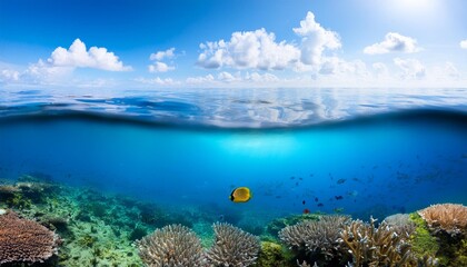 Wall Mural - over and under the sea with cloudy blue sky reflected on water surface and underwater a colorful coral reef with tropical fish