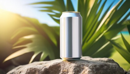 Poster - a drink from an aluminum can on top of a rock drink can for mockup graphic art on tropical background with natural light