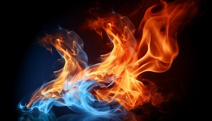 Sticker - abstract fire and ice flames intertwining on dark background