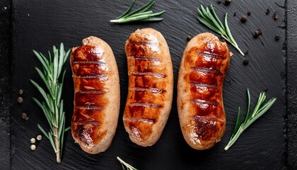 Wall Mural - grilled chicken sausages with rosemary and spices barbecue on a black stone background