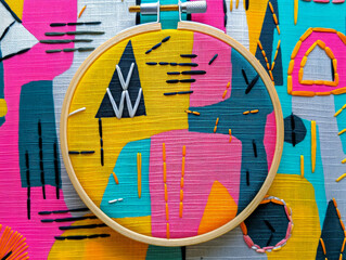 Wall Mural - A colorful embroidered design with a yellow circle in the center. The design is made up of various shapes and colors, including pink, green, and yellow. Scene is cheerful and vibrant