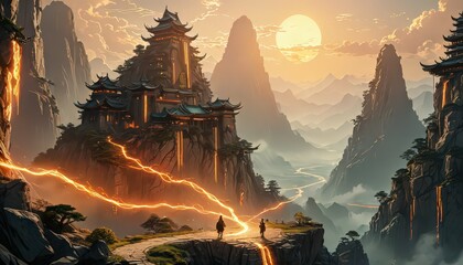 Canvas Print - Mystical Mountaintop Temple with Lava Flows.