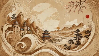 Wall Mural - Japanese Landscape with Pagoda and Mountains.