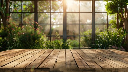 Canvas Print - Empty Wooden Table with Blurred Garden and Window Background for Product Display