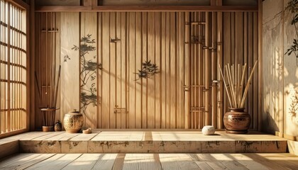 Poster - Japanese Style Wooden Interior With Sunbeams.