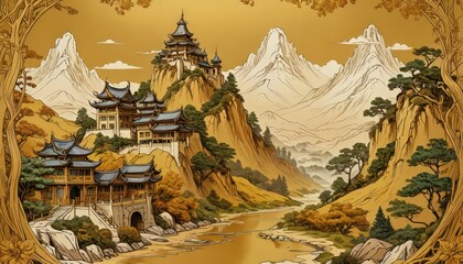 Canvas Print - Ancient Chinese Temple in Mountains.