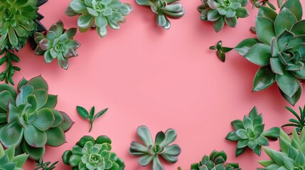 Wall Mural - Potted Green Succulents on Pink Background. Flat Lay, Top View.