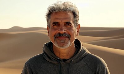 Wall Mural - Handsome middle-aged man with gray hair and beard in grey hoodie standing in the middle of the desert.