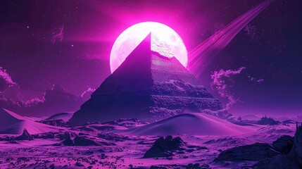 Wall Mural - a large pyramid sits in a desert landscape under a full moon. the sky is a vibrant purple with stars