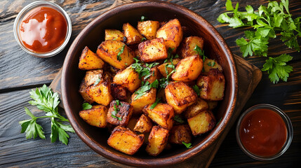 Wall Mural - Fried potato Patatas bravas traditional Spanish potatoes snack tapas : Generative AI