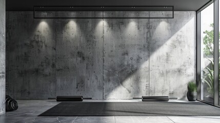 Poster - Minimalist gym interior with concrete wall and window.