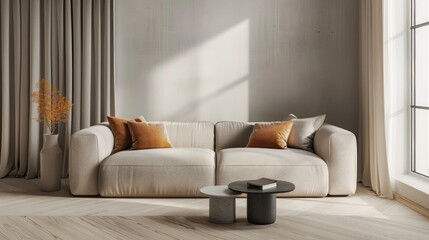 Wall Mural - Modern living room with sofa, side table, and empty wall on wooden floor