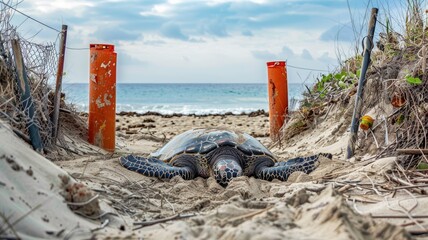 Wall Mural - Sea turtle on sandy beach path leading to ocean