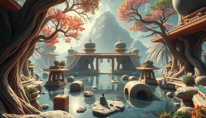 Canvas Print - Mystical Garden with Ancient Temple.