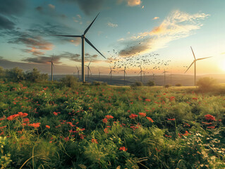 A field of flowers with a few wind turbines in the background