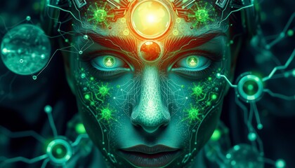 Canvas Print - Cyborg Woman with Green Glowing Eyes.