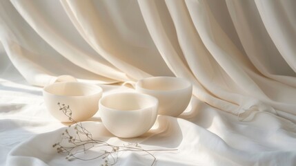 Wall Mural - Minimalist ceramic bowls on soft fabric background with natural lighting