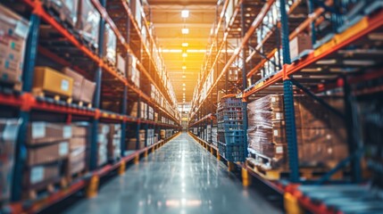 Wall Mural - Wide-angle view of a well-organized warehouse with shelves