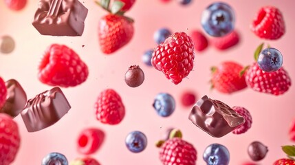 Sticker - Floating berries and chocolates on a pink background. Aerial view of colorful fruits and rich chocolate pieces. Perfect for food blogs, advertisements, and digital art projects. AI