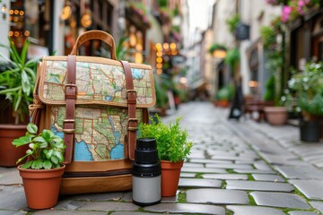 A Vintage Leather Backpack with a Map Design on a Cobblestone Street