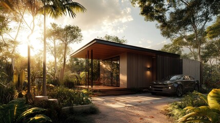 Poster - Modern cabin in a lush jungle setting with a car parked in the driveway at sunset.