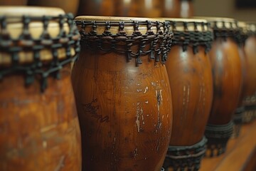 Close-up of Wooden Drums with Intricate Black Trim