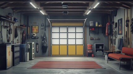 Wall Mural - A well-lit garage with a red rug, a couch, and many tools and equipment hanging on the walls.