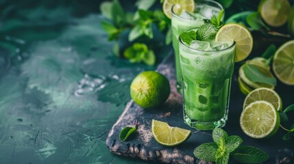 Refreshing green lime and mint cocktail with ice cubes