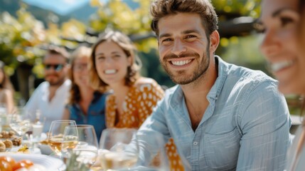 A group of friends and family enjoys an outdoor meal together with abundant smiles and laughter, reflecting the joy and warmth of social connections and shared experiences.