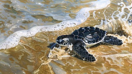 Wall Mural - Baby sea turtle crawling on sandy beach towards ocean waves