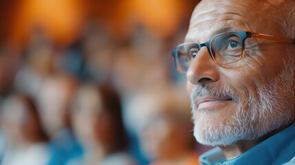 An elderly man with glasses lost in thought, his face illuminated by soft lighting. The intimate close-up captures introspection and wisdom against a blurred background.