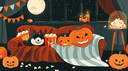 Poster - Illustrate a cozy Halloween movie night, with friends snuggled under blankets, surrounded by pumpkins, popcorn, and spooky decorations.