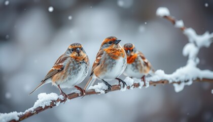 Sticker - Three birds perched on a snowy branch.