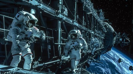 Sticker - In the vast expanse of space, astronauts diligently assemble a space station. Their precision and teamwork are key in establishing a new frontier for human exploration and scientific advancement.