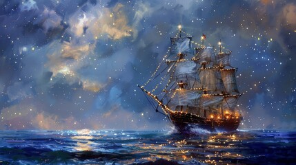 Poster - In this Christmas-themed painting, a majestic sailing ship decorated with twinkling lights sails through a serene sea.