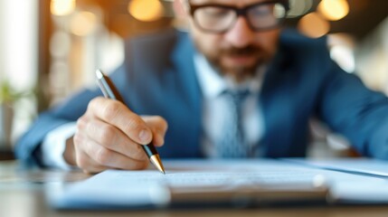 A man in a blue suit is captured signing a document at a desk in a professional office setting, emphasizing the formal, serious nature of business and documentation processes.