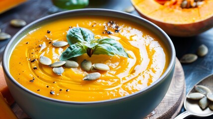 Poster - Indulging in the warmth of a bowl of creamy butternut squash soup, garnished with toasted pumpkin seeds.