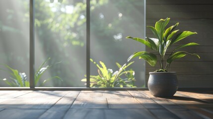 Wall Mural - Potted plant in sunlight with shadows against a window