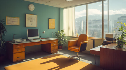 Canvas Print - Modern office interior with desk, chair, and cityscape view.