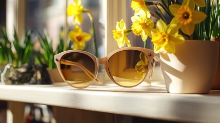 Wall Mural - Sunglasses and Daffodils on a Windowsill