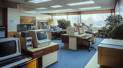 Retro office interior with computers and desks.