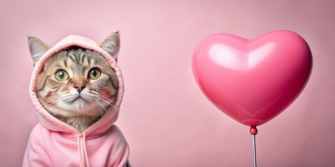 Wall Mural - Adorable cat in pink hoodie holding heart-shaped balloon for Valentine's Day or International Cat Day celebration