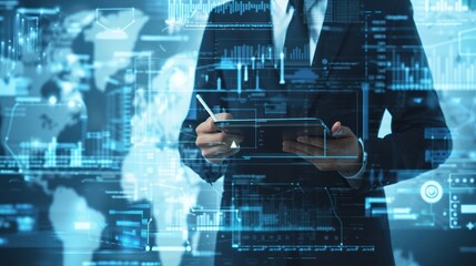 Businessman Using Digital Tablet with Data Visualization
